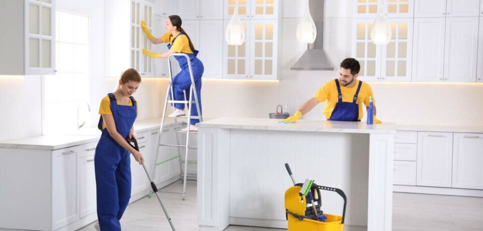 Team of professional janitors cleaning modern kitchen