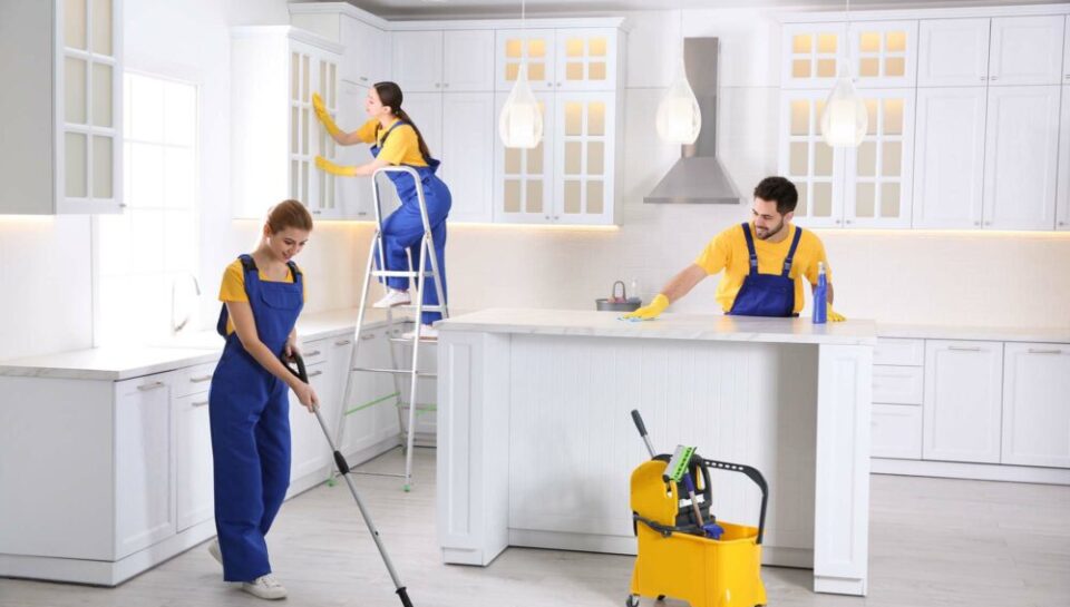 Team of professional janitors cleaning modern kitchen